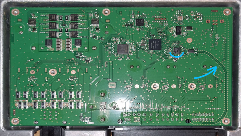 A printed circuit board of the amplifier with the Automotive Ethernet chip and tracks to it being highlighted